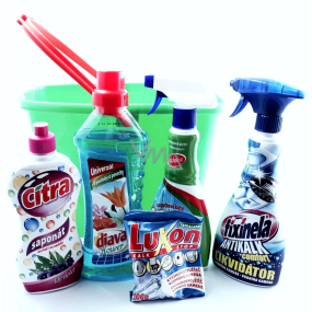 Bucket of Tatrachema products, Fixinela antikalk limescale remover 500ml, Fixinela perfect for shower enclosures 500ml, Citra detergent 500ml, Diava Flower universal detergent for floors and hard surfaces 750ml, Luxon bag, green bucket