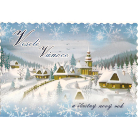Nekupto Postcard Merry Christmas blue teeth, cottages and church