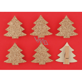Wooden trees with glitter, gold on peg 4,5 cm, 6 pieces