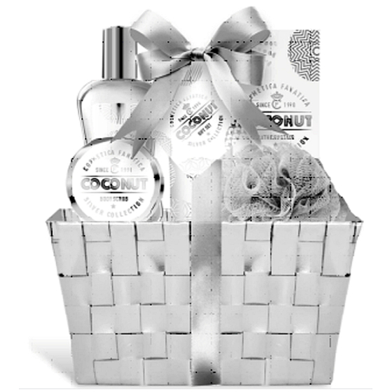 Cosmetica Fanatica Coconut body lotion 95 ml + shower gel 190 ml + body scrub 50 ml + bath salt 50 g + bath mat + basket, cosmetic set