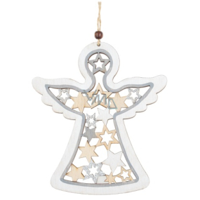 Wooden angel with silver glitter White 15 x 17 cm