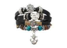 Leather multi-layer bracelet, symbol Tree of Life + anchor, adjustable size