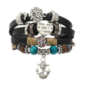 Leather multi-layer bracelet, symbol Tree of Life + anchor, adjustable size
