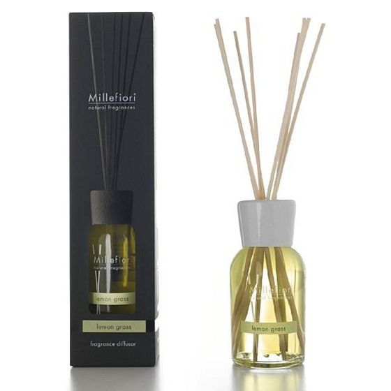 Millefiori Milano Natural Lemon Grass - Lemongrass Diffuser 100 ml + 7 stalks 25 cm long for smaller spaces lasts 5-6 weeks