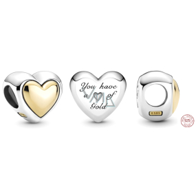 Sterling silver 925 Heart domed gold, love bead on bracelet