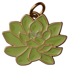 Yankee Candle Charming Scents metal pendant in the shape of a green plant with gold edging on a Scculent car tag