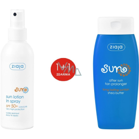 Ziaja Sun SPF 50+ UVA/UVB waterproof spray tanning lotion 170 ml + tan extender lotion all skin types 200 ml, duopack