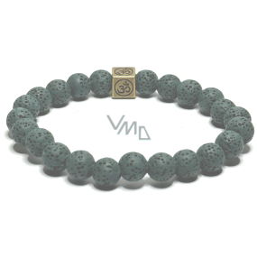 Lava dark green with royal mantra Om, bracelet elastic natural stone, ball 8 mm / 16-17 cm, born of the four elements