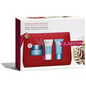 Clarins Hydra-Essentiel rich moisturizer for very dry skin 50 ml + cream peeling for brightening and hydration 15 ml + refreshing moisturizing mask 15 ml + cosmetic bag, cosmetic set for women