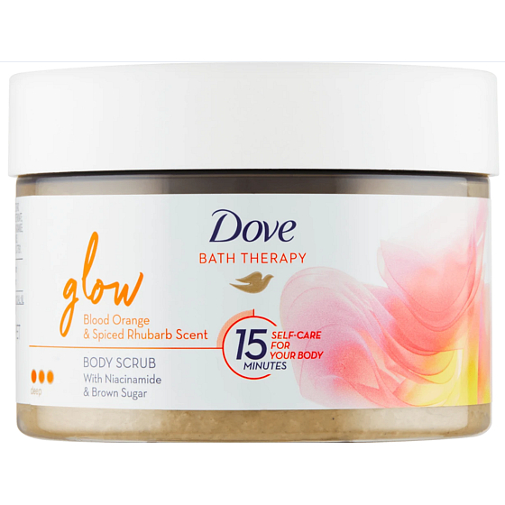 Dove Glow body scrub with the scent of red orange and rhubarb 295 ml