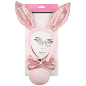 Set of pink bunny headdress with ears, bow tie, tail