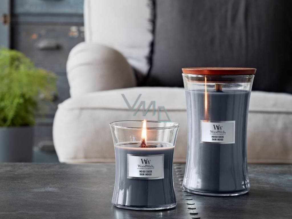 WoodWick Indigo Suede Blue suede scented candle with wooden wick and
