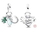 Charm Sterling silver 925 Sister four-leaf clover for luck, heart and horseshoe 3in1, pendant on bracelet family