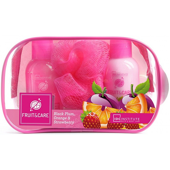 Idc Institute Fruit & Care Black Plum, Orange and Strawberry Travel set shower gel 100 ml + body lotion 100 ml + washing sponge + case, cosmetic set
