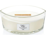 WoodWick Linen - Pure flax scented candle with wooden wide wick and glass boat lid 453 g