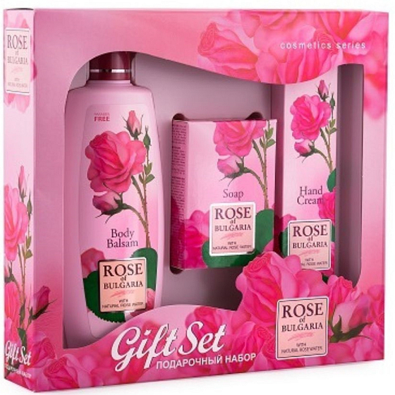 Rose of Bulgaria body balm with rose water 330 ml + toilet soap with rose 100 g + hand cream with rose water 75 ml, cosmetic set for women