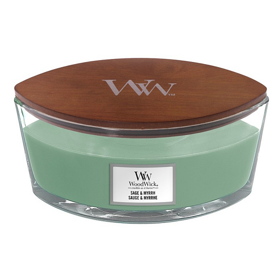 WoodWick Sage & Myrht - Sage and myrrh scented candle with wooden wide wick and lid glass boat 453 g