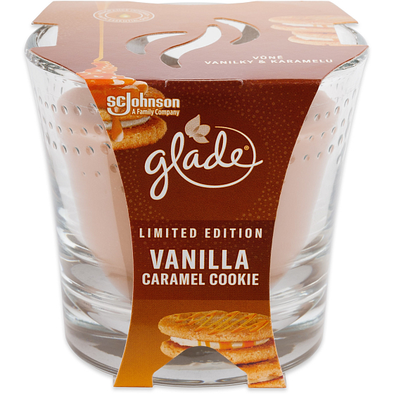 Glade Vanilla Caramel Cookie with the scent of vanilla and caramel scented candle in a glass, burning time up to 38 hours 129 g