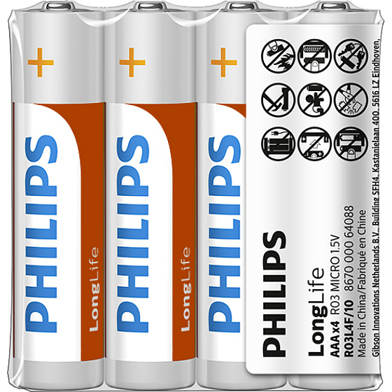 Philips Longlife Batteries 4 pcs AAA R03 1.5V