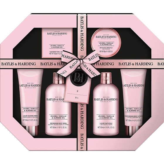 Baylis & Harding Jojoba, Vanilla and Almond oil cleansing gel 300 ml + bath milk 300 ml + soap 150 g + shower cream 130 ml + body lotion 130 ml + bath salt 130 ml, cosmetic set