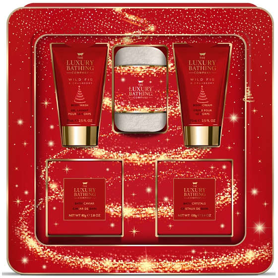 Grace Cole Wild Fig & Cranberry shower gel 75 ml + body cream 75 ml + bath fizzers 2 x 25 g + bath pearls 80 g + flannel washcloth + tin box, cosmetic set for women