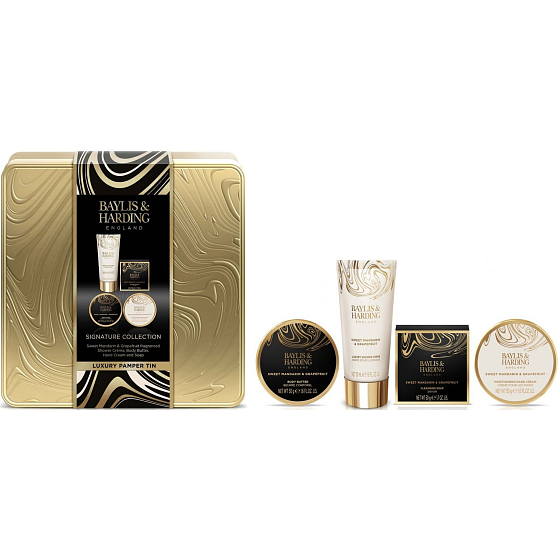 Baylis & Harding Tangerine and Grapefruit shower cream 50 ml + body butter 50 ml + hand cream 50 ml + toilet soap 50 g + tin box, cosmetic set for women