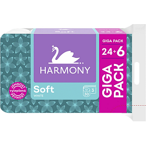 Harmony Soft White 3-ply toilet paper, 30 rolls, 15 m rolls