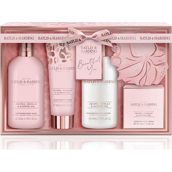 Baylis & Harding Jojoba, Vanilla and Almond oil cleansing gel 300 ml + body lotion 300 ml + toilet soap 150 g + shower cream 130 ml + washcloth, cosmetic set