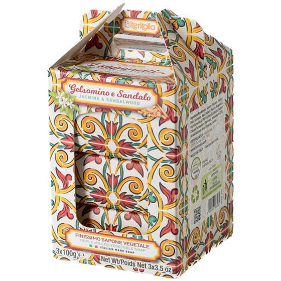 Iteritalia Jasmine and Sandalwood Italian Natural Toilet Soap 3 x 100 g, Christmas Gift Set
