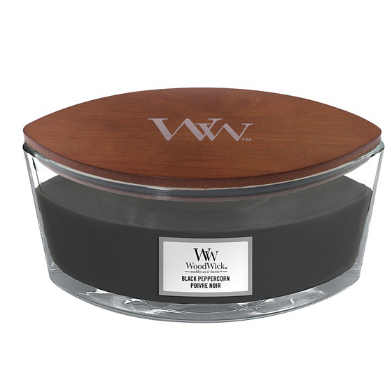 WoodWick Black Peppercorn - Black peppercorn scented candle with wooden wide wick and glass ship lid 453 g