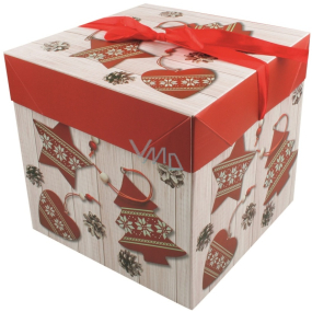 Folding gift box with Christmas ribbon with red decorations 21.5 x 21.5 x 21.5 cm