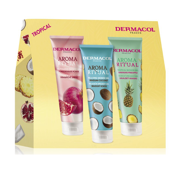 Dermacol Aroma Ritual Pomegranate revitalizing shower gel 250 ml + Brazilian coconut relaxing shower gel 250 ml + Hawaiian pineapple tropical shower gel 250 ml, cosmetic set for women