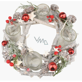 Advent gray wooden wreath from twigs with red flasks 30 cm