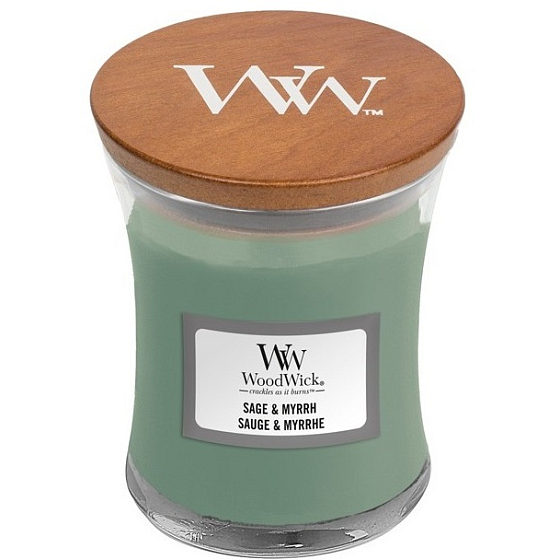 WoodWick Sage & Myrht - Sage and myrrh scented candle with wooden wick and lid glass small 85 g