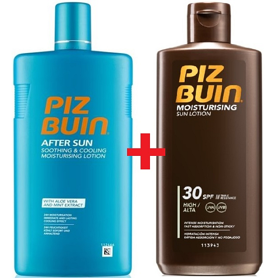 Piz Buin Moisturising Lotion SPF30 Moisturising Sun Lotion 200 ml + After Sun Soothing & Cooling Lotion with aloe vera, moisturises and cools, reduces redness caused by UV rays 400 ml, duopack