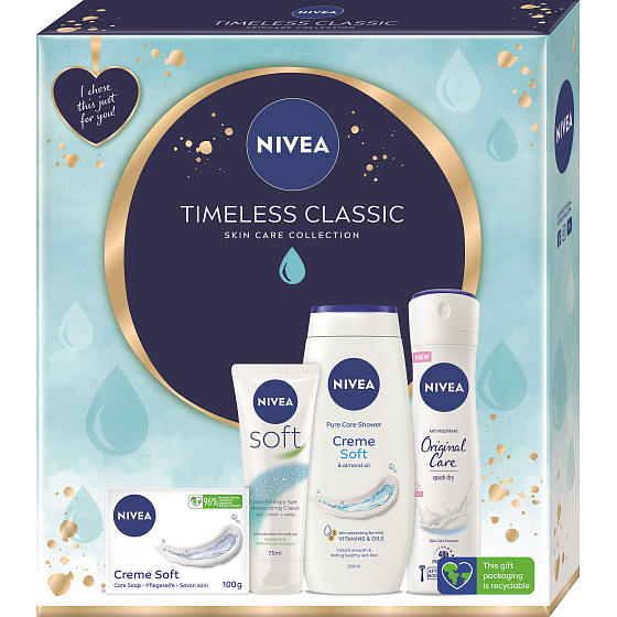 Nivea Timeless Classic Creme Soft creamy toilet soap 100 g + Creme Soft shower gel 250 ml + Original Care antiperspirant spray 150 ml + Creme Soft fresh moisturizer for the whole body 75 ml, cosmetic set for women