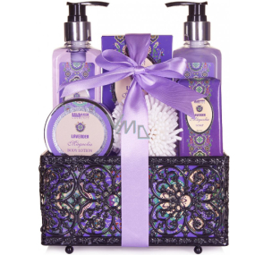 Brubaker Lavender Magnolia shower gel 250 ml + bubble bath 250 ml + body lotion 50 ml + bath salt 100 g + soap 90 g + soft foam sponge + decorative gift basket, 7-piece purple cosmetic set