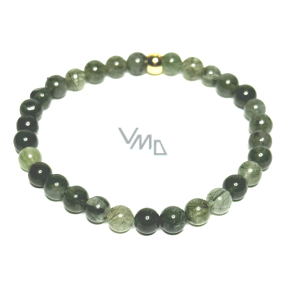 Crystal with actinolite bracelet elastic natural stone, bead 6 mm / 16 - 17 cm, gold bead, stone stones