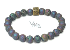 Lava platinum with royal mantra Om, bracelet elastic natural stone, ball 8 mm / 16-17 cm, born of the four elements