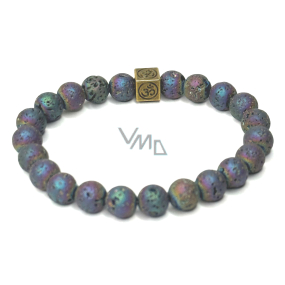 Lava platinum with royal mantra Om, bracelet elastic natural stone, ball 8 mm / 16-17 cm, born of the four elements