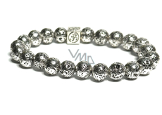 Lava silver colour dark plated with royal mantra Om, bracelet elastic natural stone, bead 8 mm / 16-17 cm, born of the four elements