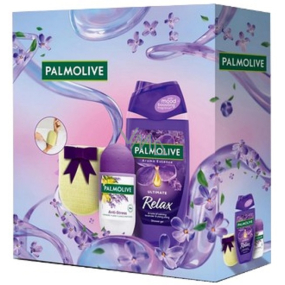 Palmolive Lavender Relax Aroma Essence Ultimate Relax shower gel 250 ml + Anti-Stress antiperspirant roll-on 50 ml + massage sponge, cosmetic set for women