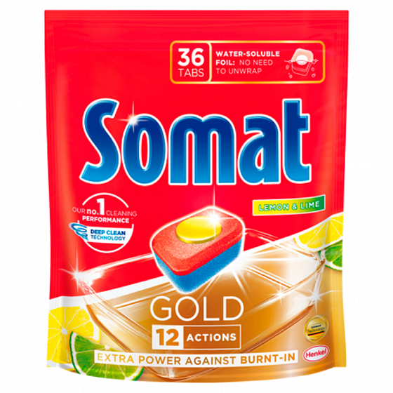Somat Gold 12 Action Lemon & Limea Dishwasher tablets, help remove even stubborn dirt without pre-washing 36 tablets
