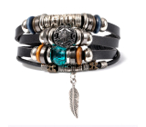 Leather multi-layer bracelet, feather symbol adjustable size