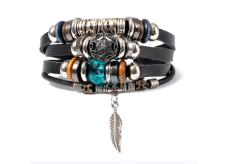 Leather multi-layer bracelet, feather symbol adjustable size