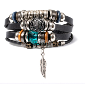 Leather multi-layer bracelet, feather symbol adjustable size
