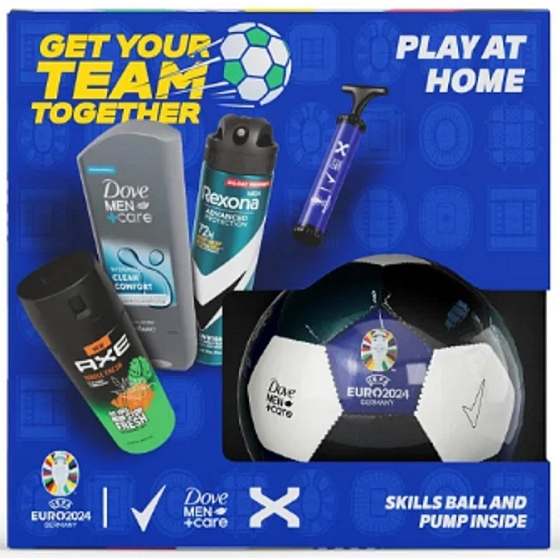 Rexona Euro 2024 Advanced Protection Invisible antiperspirant spray 150 ml + Axe Jungle Fresh deodorant spray 150 ml + Dove Men +Care Clean Comfort shower gel 250 ml + football ball + pump, gift set for men