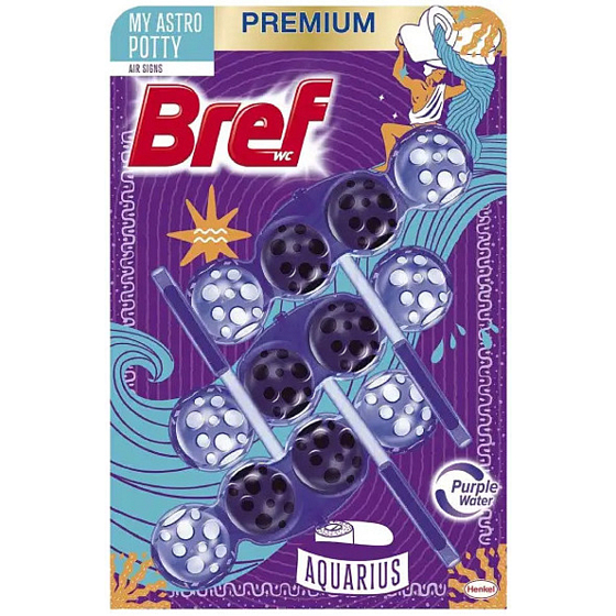 Bref Premium Air Signs 4 Aquarius – WC blok, 3 x 50 g. WC blok pro hygienickou čistotu a svěžest toalety, zbarvuje vodu a je inspirovaný znamením Vodnáře.