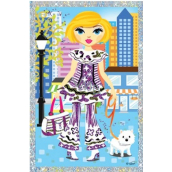 Scraping picture of a doll with a dog 21.5 x 11 cm