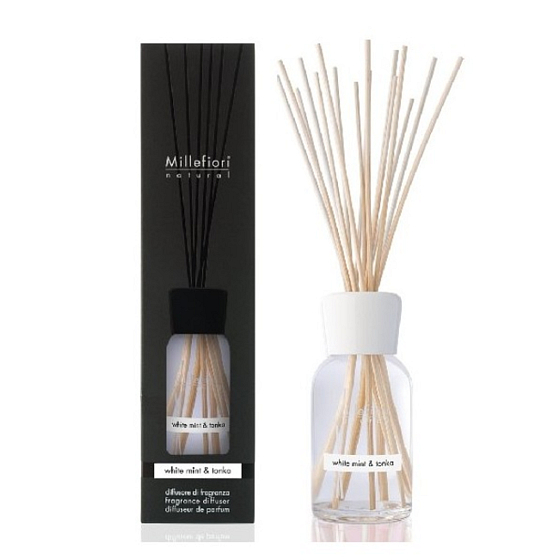 Millefiori Milano Natural White Mint & Tonka - White Mint and Tonka Beans Diffuser 250 ml + 8 reeds, 30 cm long, for medium-sized spaces lasts at least 3 months